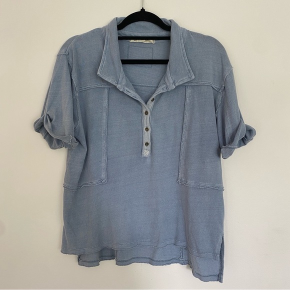 Free People Sky Blue Short Sleeve Henley Tee - Picture 2 of 5